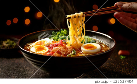 steaming bowl of ramen with vibrant toppings, including soft boiled eggs and greens, is elegantly presented in dark setting. Chopsticks lift noodles, adding dynamic touch 125537404