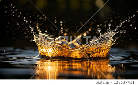 mesmerizing slow motion capture of water splash mid air, illuminated with golden highlights, creating stunning visual effect against dark background 125537411