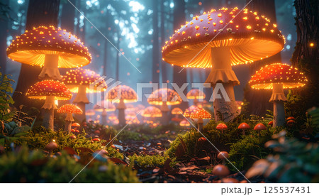 magical forest scene with oversized red mushrooms glowing with neon light, surrounded by lush greenery and misty atmosphere, creating whimsical and enchanting ambiance 125537431