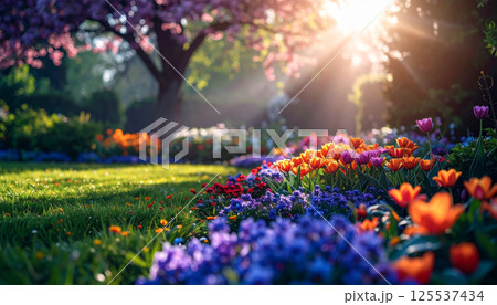 vibrant spring garden in full bloom with lush...のイラスト素材 [125537434] - PIXTA