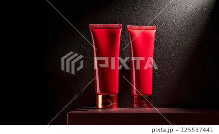 Two red cosmetic tubes are elegantly displayed against dark, modern background, highlighted by soft spotlight. scene exudes sense of luxury and sophistication 125537441