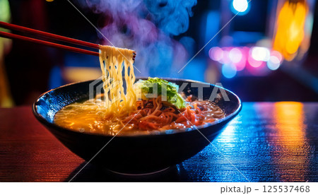 steaming bowl of ramen with vibrant toppings is lifted by chopsticks in neon lit setting, evoking futuristic Tokyo night ambiance. scene is colorful and inviting 125537468