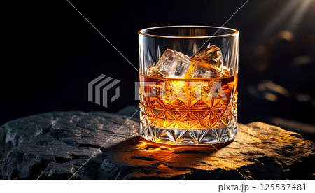 crystal glass filled with golden whiskey and ice cubes sits on textured rock surface, illuminated by warm light, creating luxurious and inviting atmosphere 125537481