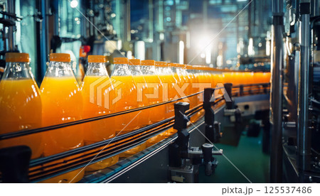 row of glass bottles filled with bright orange juice moves through automated assembly line in juice bottling factory, illuminated by industrial lighting 125537486