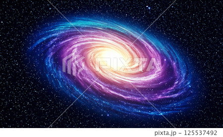 vibrant spiral galaxy with neon colors swirls majestically in space, surrounded by countless glowing stars. cosmic scene evokes wonder and awe 125537492