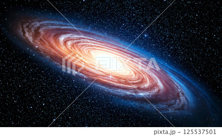 swirling galaxy with bright stars twinkling across black void creates mesmerizing outer space scene. galaxy vibrant colors and luminous center evoke sense of wonder 125537501