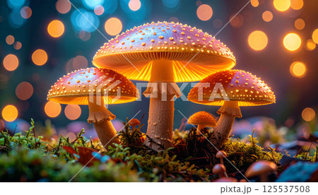 group of vibrant mushrooms glows warmly in magical forest setting, surrounded by soft bokeh lights. scene evokes sense of wonder and fantasy, with pop art inspired style group of vibrant mushrooms glows warmly in magical forest setting, surrounded by soft bokeh lights. scene evokes sense of wonder and fantasy, with pop art inspired style 125537508
