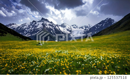 serene mountain scene with vibrant carpet of yellow and white spring flowers stretches across lush valley, framed by majestic snow covered peaks under dramatic sky 125537518