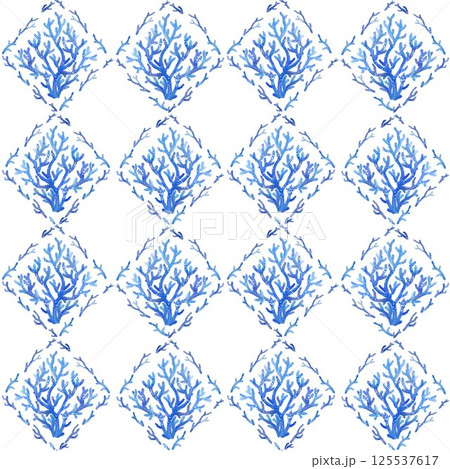 Seamless Pattern of Coral Reef and Seaweed with Watercolor Texture. Underwater Life in Pastel Blue and Cream, Vintage Summer Holiday Print, Hand Painted with Trendy Diamond Motifs 125537617