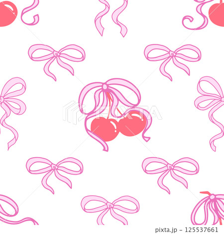 Coquette Cherry with Bows Seamless Pattern. Cute Red berries with Pink ribbons on white background. Feminine Romantic art for Wedding celebration, party decoration, gift, present concept. 125537661