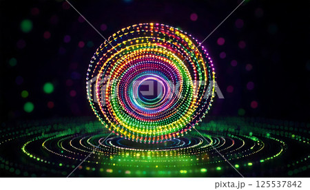 mesmerizing 3D spiral of glowing LED dots in vibrant green, yellow, pink, and purple colors floats gracefully over dark background, creating captivating visual experience 125537842