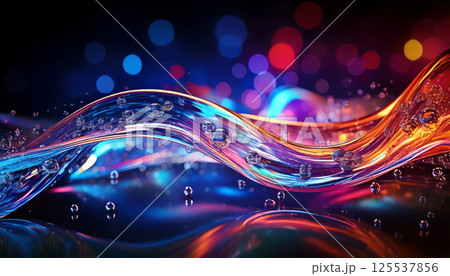 dynamic flowing stream of transparent liquid with neon reflections creates mesmerizing visual effect, enhanced by colorful bokeh in background, evoking sense of wonder and beauty 125537856