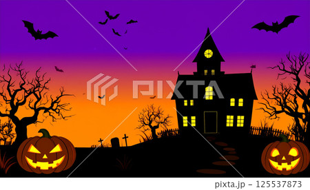 spooky haunted house silhouette against vibrant purple and orange twilight sky, featuring glowing jack o lanterns, bats flying, and eerie trees, creating perfect Halloween atmosphere 125537873