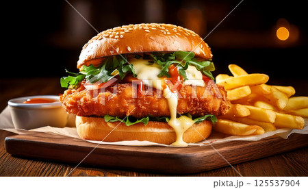 Crispy fried chicken sandwich with fresh green herbs, melted sauces dripping, and golden fries on wooden platter, creating mouthwatering and appetizing scene Crispy fried chicken sandwich with fresh green herbs, melted sauces dripping, and golden fries on wooden platter, creating mouthwatering and appetizing scene 125537904