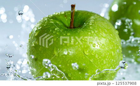 Fresh green apple surrounded by sparkling water droplets, showcasing perfect lighting and crisp focus, evokes refreshing and vibrant feeling 125537908