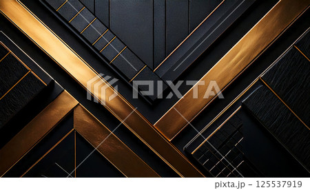 dark geometric layered background featuring intersecting golden metallic stripes, creating striking minimalistic design that evokes sense of elegance and sophistication 125537919