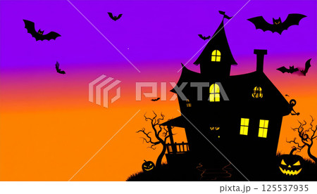 Haunting Halloween night scene featuring whimsical haunted house with glowing windows, bats flying in sky, and carved pumpkins. vibrant purple and orange background adds magical touch 125537935