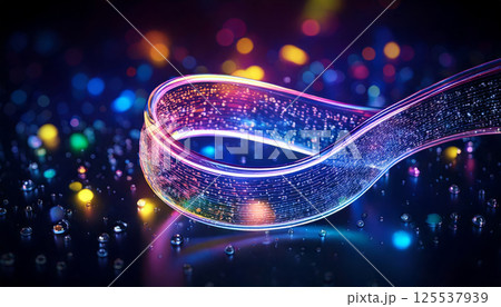 mesmerizing ribbon of transparent liquid illuminated by vibrant neon lights, creating ethereal atmosphere surrounded by colorful bokeh effects 125537939