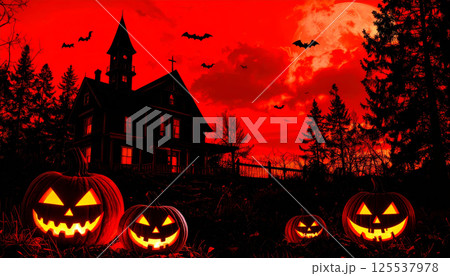 Hauntingly beautiful, this features Gothic style haunted house set against vivid red sky, surrounded by ominous bats and glowing jack o lanterns with evil grins Hauntingly beautiful, this features Gothic style haunted house set against vivid red sky, surrounded by ominous bats and glowing jack o lanterns with evil grins 125537978