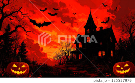 spooky haunted house stands ominously against fiery red sky, surrounded by dark forest. Jack o lanterns with evil grins add to eerie atmosphere, while bats fly overhead, enhancing Halloween vibe spooky haunted house stands ominously against fiery red sky, surrounded by dark forest. Jack o lanterns with evil grins add to eerie atmosphere, while bats fly overhead, enhancing Halloween vibe 125537979