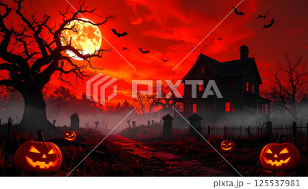 haunted mansion looms under blood red sunset, surrounded by dark twisted trees and grinning pumpkins. Bats fly across eerie sky, creating chilling Halloween atmosphere haunted mansion looms under blood red sunset, surrounded by dark twisted trees and grinning pumpkins. Bats fly across eerie sky, creating chilling Halloween atmosphere 125537981