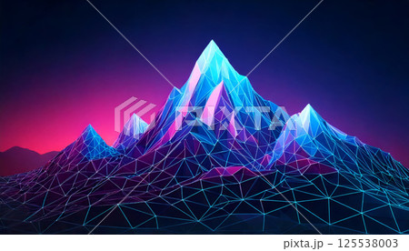Futuristic low poly geometric mountains with neon blue and pink lighting create captivating visual experience, evoking sense of wonder and exploration Futuristic low poly geometric mountains with neon blue and pink lighting create captivating visual experience, evoking sense of wonder and exploration 125538003