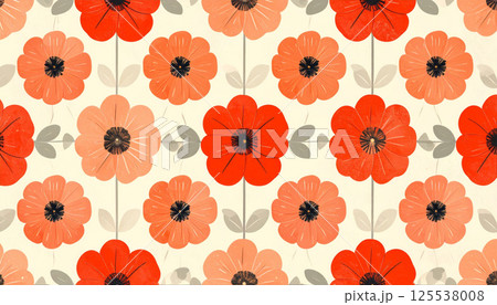 Retro inspired floral pattern featuring bold red blossoms and soft muted leaves on creamy background, creating vibrant yet soothing atmosphere 125538008