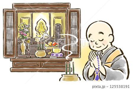 線香を焚き仏壇に向かって合掌するお坊さん 125538191
