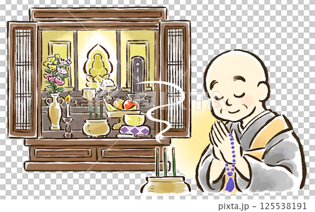 線香を焚き仏壇に向かって合掌するお坊さん 125538191