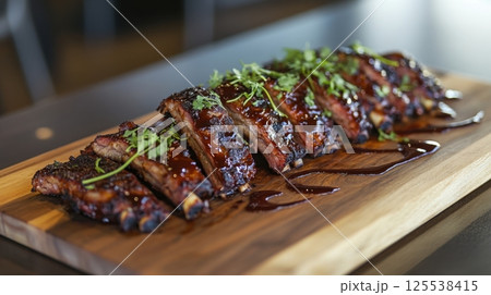 Tasty ribs on wood board 125538415