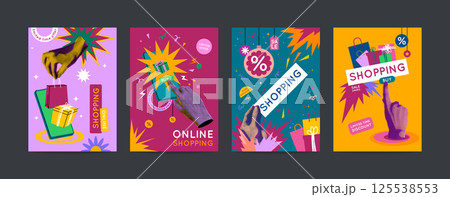 Online Shopping Concept Card Set with Contemporary Art Collage Elements. Vector illustration of Special Offer Season Limited Discount Online Shopping Concept Card Set with Contemporary Art Collage Elements. Vector illustration of Special Offer Season Limited Discount 125538553