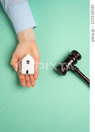 Judge's gavel near miniature wooden house. Real estate court decisions. Property inheritance litigation. Establishment of ownership. Judge's gavel near miniature wooden house. Real estate court decisions. Property inheritance litigation. Establishment of ownership. 125538585