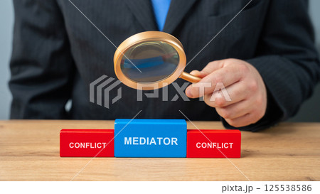 Wooden blocks with the word Mediator and conflict. Settlement of disputes by mediation. Dispute Resolution. Third party, intermediary. 125538586
