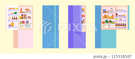 Cartoon Color Different Fridge Open and Closed Full Of Food Set Refrigerator for Home Concept Flat Design Style. Vector illustration 125538587