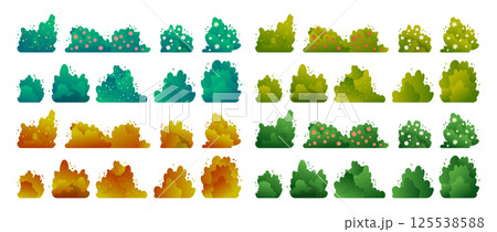Cartoon Color Different Seasonal Types Bushes Set Decoration Elements Garden and Park Concept Flat Design Style. Vector illustration 125538588