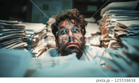 A stressed man struggles as he drowns in a massive pile of documents, overwhelmed by paperwork and deadlines. The concept of workplace stress, bureaucracy, and information overload. Generative AI. 125538638