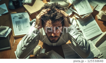 A stressed man struggles as he drowns in a massive pile of documents, overwhelmed by paperwork and deadlines. The concept of workplace stress, bureaucracy, and information overload. Generative AI. 125538640