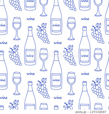 La dolce vita doodles seamless pattern with wine bottle, glasses, grape. Blue on white vector illustration of italian style hand drawn posters. Wall art prints decor, for invitations, menus design. 125538897