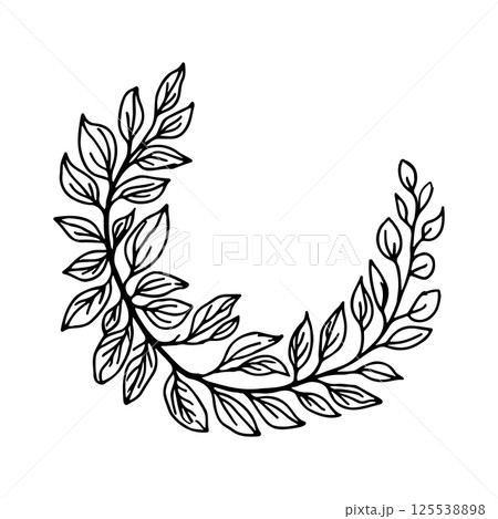A romantic floral wreath featuring delicate hand-drawn flowers and curved branches forming a graceful circular frame. 125538898