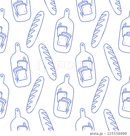 La dolce vita doodles seamless pattern bread baguette. Blue on white vector illustration of italian style hand drawn posters. Wall art prints decor, for invitations, menus design. 125538899