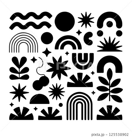 Abstract Nature Motif Modern Boho. An abstract black shape combining natural motifs like sunbursts, plants, hills, rainbows, and waves, designed in a modern boho aesthetic. Abstract Nature Motif Modern Boho. An abstract black shape combining natural motifs like sunbursts, plants, hills, rainbows, and waves, designed in a modern boho aesthetic. 125538902