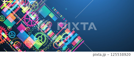 Abstract technological background with colored gears and multicolored rectangles and plexus effect. Vector 125538920