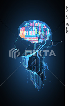 Abstract background on the theme of artificial intelligence. Brain shape with technological elements inside the contour. Abstract background on the theme of artificial intelligence. Brain shape with technological elements inside the contour. 125538940
