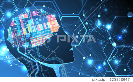 Abstract background on the theme of artificial intelligence. Brain shape with technological elements inside the contour. 125538947