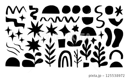 Playful Desert Inspired Symbols. A playful black silhouette combining desert elements like hills, stars, plants, and simple rainbows in an abstract minimalist style. 125538972