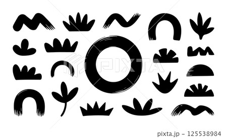 Soft Abstract Landscape Symbols. A soft black silhouette of abstract landscape elements including sun, waves, hills, and rainbows, created in a minimalist boho style. Soft Abstract Landscape Symbols. A soft black silhouette of abstract landscape elements including sun, waves, hills, and rainbows, created in a minimalist boho style. 125538984