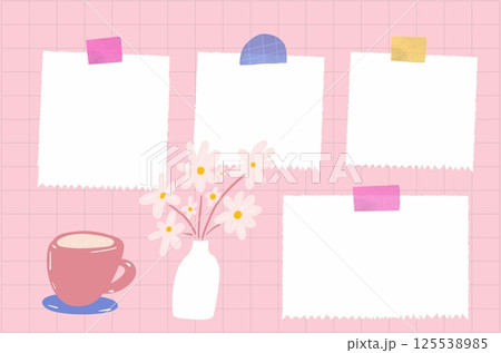 Blank taped memo notes on pink mood board, doodle illustration of coffee cup and flowers Blank taped memo notes on pink mood board, doodle illustration of coffee cup and flowers 125538985