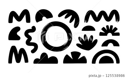 Soft Abstract Landscape Symbols. A soft black silhouette of abstract landscape elements including sun, waves, hills, and rainbows, created in a minimalist boho style. 125538986