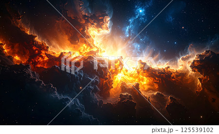 Vibrant cosmic explosion with fiery orange and yellow hues illuminating dark clouds, surrounded by twinkling stars and deep space, creating breathtaking celestial scene Vibrant cosmic explosion with fiery orange and yellow hues illuminating dark clouds, surrounded by twinkling stars and deep space, creating breathtaking celestial scene 125539102