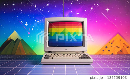 vintage computer displays colorful geometric pattern against dreamy cosmic background, featuring vibrant mountains and starry sky. This retro futuristic scene evokes nostalgia and creativity vintage computer displays colorful geometric pattern against dreamy cosmic background, featuring vibrant mountains and starry sky. This retro futuristic scene evokes nostalgia and creativity 125539108
